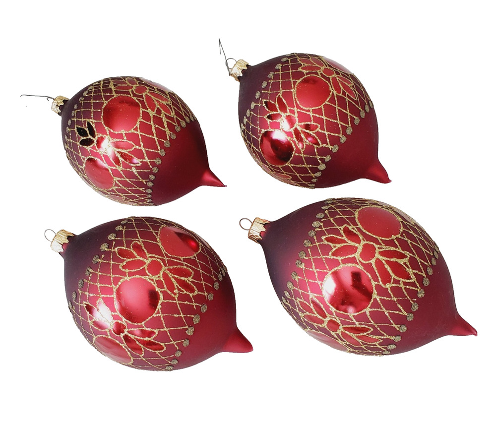Vintage Teardrop Handblown Christmas Ornaments X4 Large Burgandy Red & Glittered